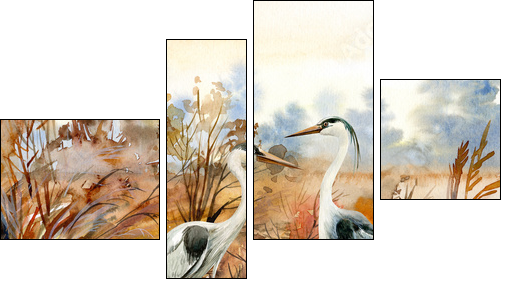autumn landscape with birds  crane, watercolor illustration - Four-piece canvas, Fortyk