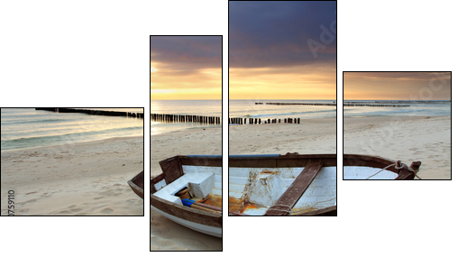 Boat on beautiful beach in sunrise - Four-piece canvas, Fortyk