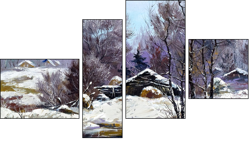 Small house in winter village - Four-piece canvas, Fortyk
