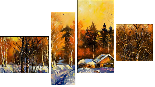 Evening in winter village - Four-piece canvas, Fortyk