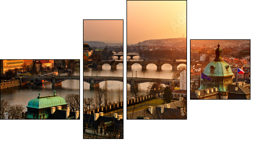 Panoramic view on Charles bridge and sunset Prague lights. - Four-piece canvas, Fortyk