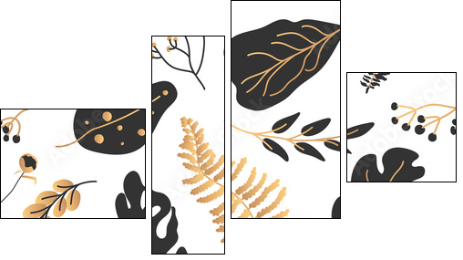 Gold black tropical leaves seamless pattern. Abstract limitless background with exotic floral flat cartoon elements, botany sign. Repeat ornament for paper wrap, fabric, print. Vector illustration - Four-piece canvas, Fortyk