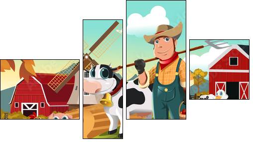 Farmer at the farm with animals - Four-piece canvas, Fortyk