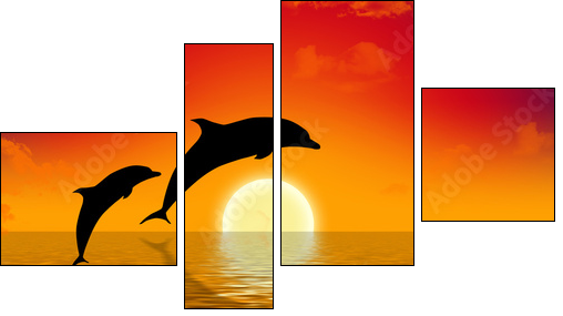 illustration of two dolphins swimming in sunset - Four-piece canvas, Fortyk