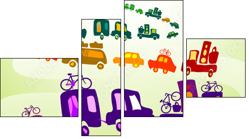 cars caravan, Group of kids playing in a landscape - Four-piece canvas, Fortyk