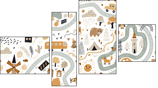 Children's World Map. Travel around the world play mat for Kids. Baby land map vector seamless pattern. Kid carpet with cute doodle roads, nature, city, village, forest, sea and wild animals etc. - Four-piece canvas, Fortyk