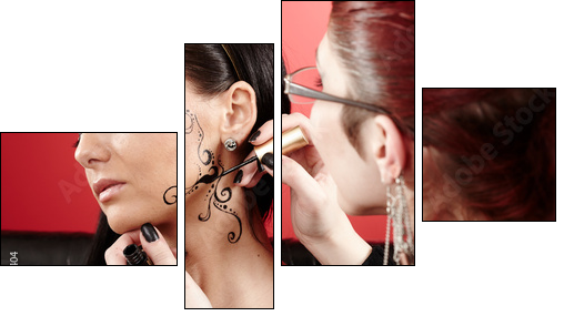 Brunette having applied face tattoo by makeup artist - Four-piece canvas, Fortyk