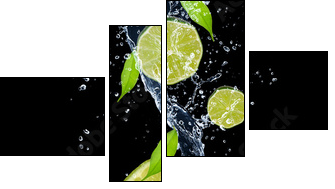Limes in water splash, isolated on black background - Four-piece canvas, Fortyk