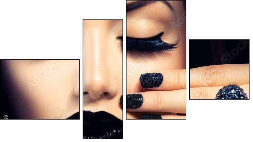 Beauty Fashion Girl with Trendy Caviar Black Manicure and Makeup - Four-piece canvas, Fortyk