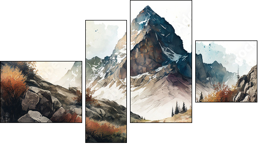 Beautiful landscape with snowy mountains painted in watercolors. AI Generative. - Four-piece canvas, Fortyk