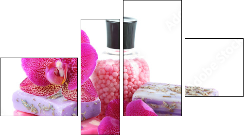 Sea salt, soap and orchid isolated on white - Four-piece canvas, Fortyk