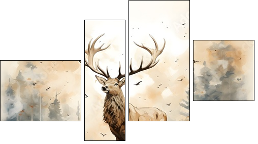 Masterful Brushstrokes: Juxtaposed Elk Painting in Minimalist Nature Study - Four-piece canvas, Fortyk