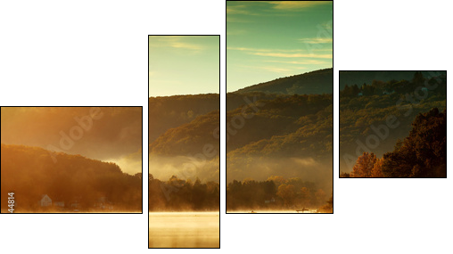 Beautiful autumn landscape, the lake in the morning fog - Four-piece canvas, Fortyk