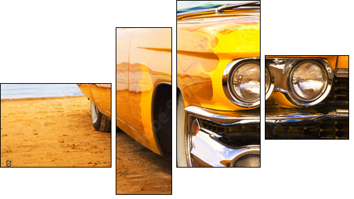 Classic yellow flame painted Cadillac at beach - Four-piece canvas, Fortyk