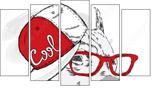 Pitbull in cap and headphones. Dog vector. Cool dog. - Five-piece canvas, Pentaptych