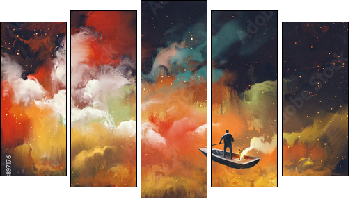 man on a boat in the outer space with colorful cloud,illustration - Five-piece canvas, Pentaptych