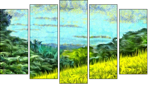 grass filled hillside against a background of trees and a blue sky - Five-piece canvas, Pentaptych
