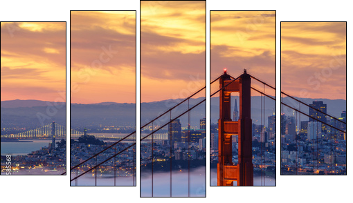 Early morning low fog at Golden Gate Bridge - Five-piece canvas, Pentaptych