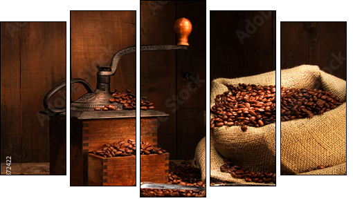 Antique coffee grinder with beans - Five-piece canvas, Pentaptych