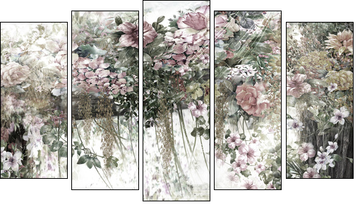 Abstract flowers watercolor painting. Spring multicolored flowers - Five-piece canvas, Pentaptych