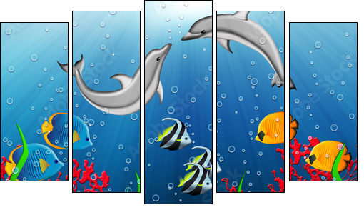 Underwater world with dolphins and tropical fishes - Five-piece canvas, Pentaptych