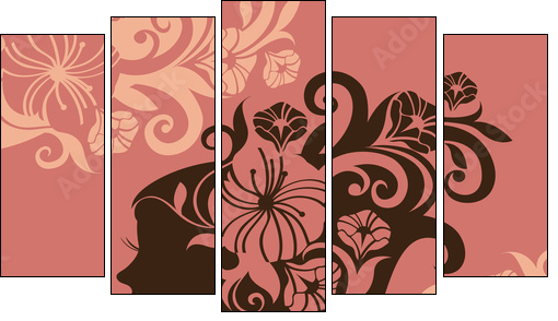 Beautiful woman silhouette with a flowers - Five-piece canvas, Pentaptych