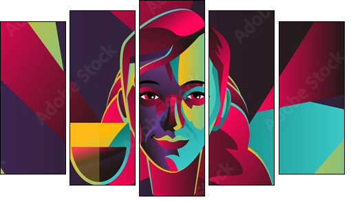cubist colorful girl drinking wine - Five-piece canvas, Pentaptych