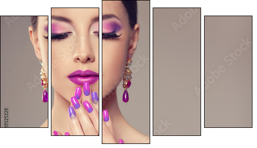 Beautiful girl model with fashion violet make-up and purple design manicure on nails . Jewelry and cosmetics , large violet earrings - Five-piece canvas, Pentaptych