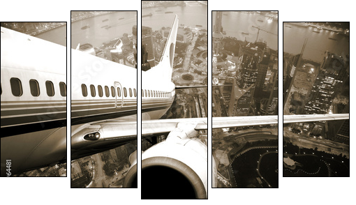the airplane take off from the city night. - Five-piece canvas, Pentaptych