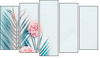 Creative layout with tropical palm leaves and pastel pink flowers on  turquoise blue desktop background, top view, place for text, vertical - Five-piece canvas, Pentaptych