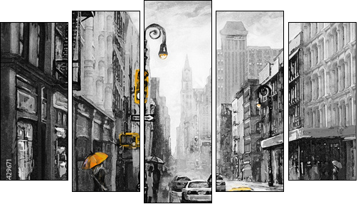 oil painting on canvas, street view of New York, man and woman, yellow taxi,  modern Artwork,  American city, illustration New York - Five-piece canvas, Pentaptych