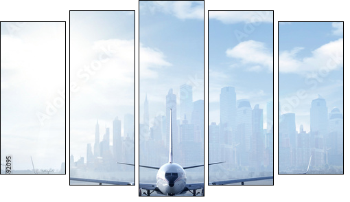 Big aircraft on runway in big city - Five-piece canvas, Pentaptych