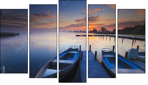 Peaceful sunrise with dramatic sky and boats and a jetty - Five-piece canvas, Pentaptych