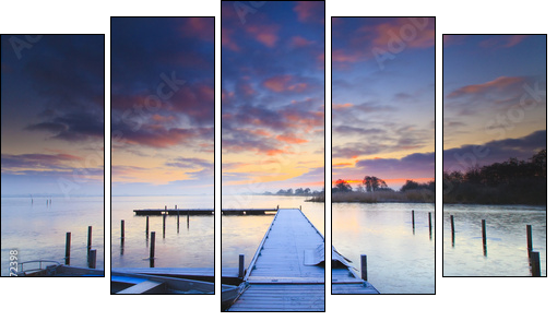 Peaceful sunrise with dramatic sky and boats and a jetty - Five-piece canvas, Pentaptych