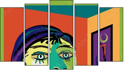 Colorful abstract background, inspired by Picasso, thinking woman - Five-piece canvas, Pentaptych