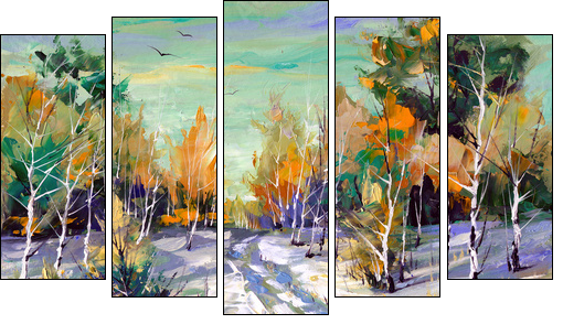 Winter road to wood - Five-piece canvas, Pentaptych