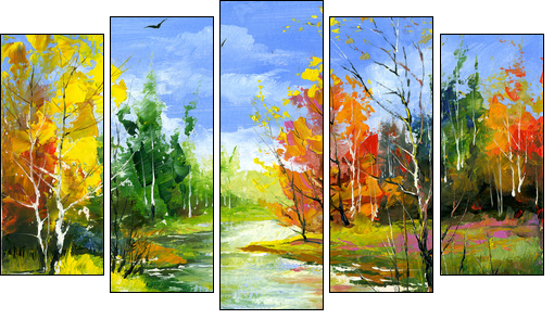 Autumn landscape with the wood river - Five-piece canvas, Pentaptych