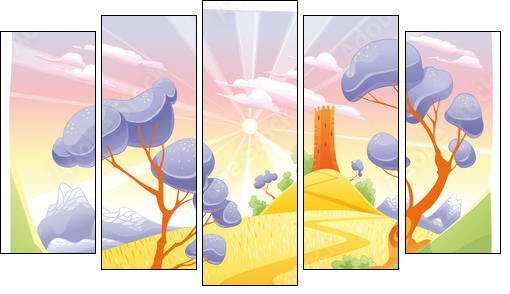 Landscape with tower. Funny cartoon and vector illustration. - Five-piece canvas, Pentaptych