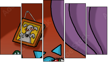 Cat is drinking coffee in an illustration with Picasso style - Five-piece canvas, Pentaptych