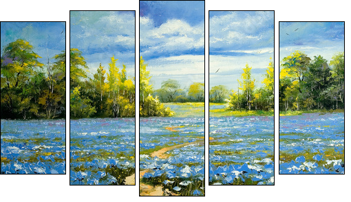 Road through a field with blossoming cornflowers - Five-piece canvas, Pentaptych