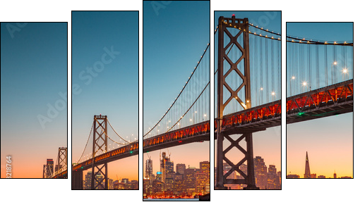 San Francisco skyline with Oakland Bay Bridge at sunset, California, USA - Five-piece canvas, Pentaptych