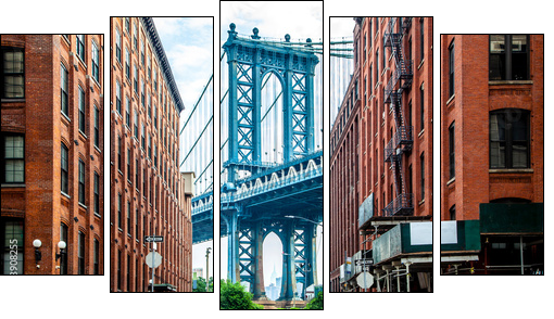 Manhattan Bridge between Manhattan and Brooklyn over East River seen from a narrow alley enclosed by two brick buildings on a sunny day in Washington street in Dumbo, Brooklyn, NYC - Five-piece canvas, Pentaptych