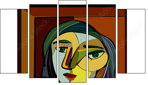 Colorful abstract background, cubism art style, thinking woman - Five-piece canvas, Pentaptych