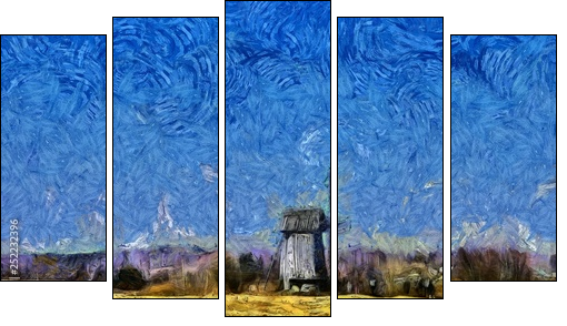 Nature landscape and old historical mill in village. Impressionism oil painting in Vincent Van Gogh modern style. Creative artistic print for canvas or textile. Wallpaper, poster or postcard design. - Five-piece canvas, Pentaptych