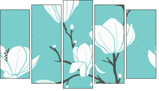 blue magnolia pattern - Five-piece canvas, Pentaptych