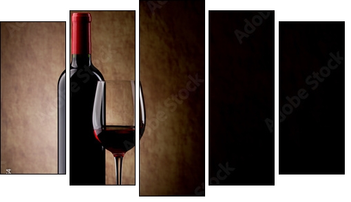 bottle with red wine and glass and grapes - Five-piece canvas, Pentaptych