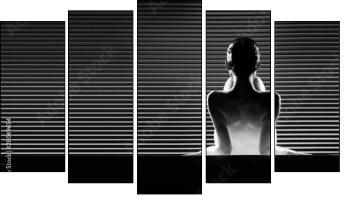 black and white back view artistic nude, on striped background. - Five-piece canvas, Pentaptych