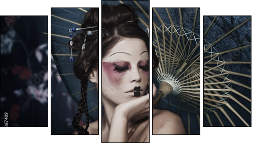 portrait of a beautiful white girl in geisha style - Five-piece canvas, Pentaptych