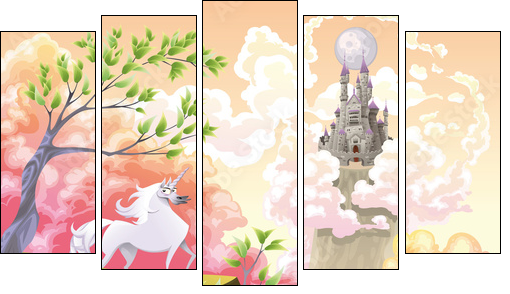 Unicorn and mythological landscape. Vector illustration - Five-piece canvas, Pentaptych
