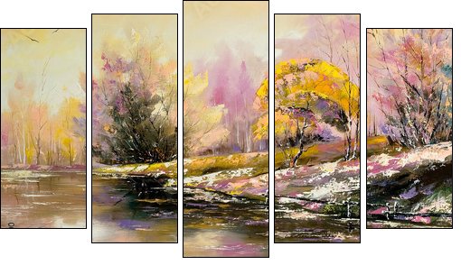 Autumn landscape with snow and the river - Five-piece canvas, Pentaptych
